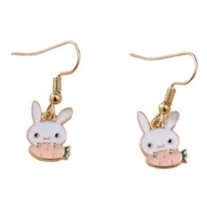 Easter Bunny Rabbit Holding Carrot Gold Toned Dangle Earrings